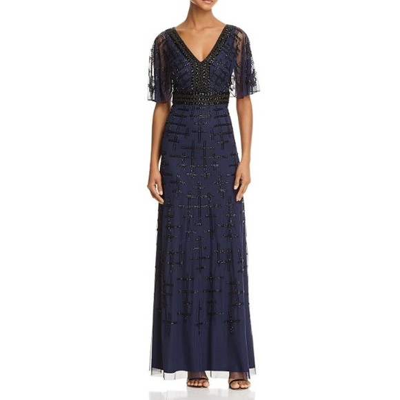 NWT Aidan Mattox Twilight Blue Beaded Cape Sleeve Flutter Gown Size 4 MSRP $495 - Picture 1 of 5